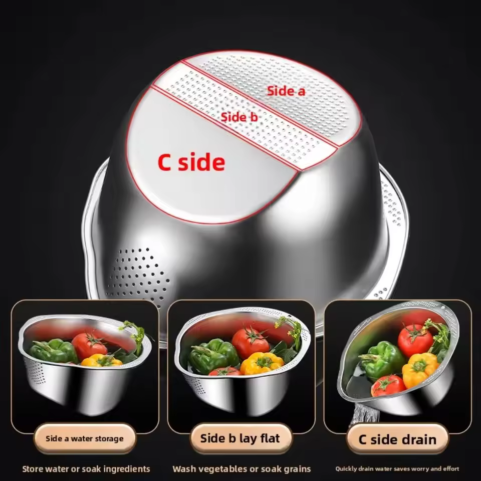 1PCS Rice Washer Strainer Bowl Stainless Steel Rinser With Side Drainers Multipurpose Strainer for Cleaning Fruits Vegetables