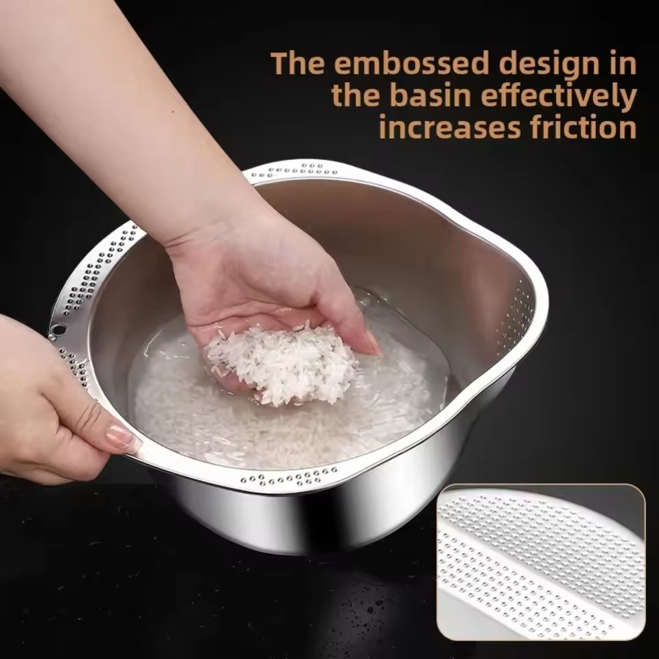1PCS Rice Washer Strainer Bowl Stainless Steel Rinser With Side Drainers Multipurpose Strainer for Cleaning Fruits Vegetables