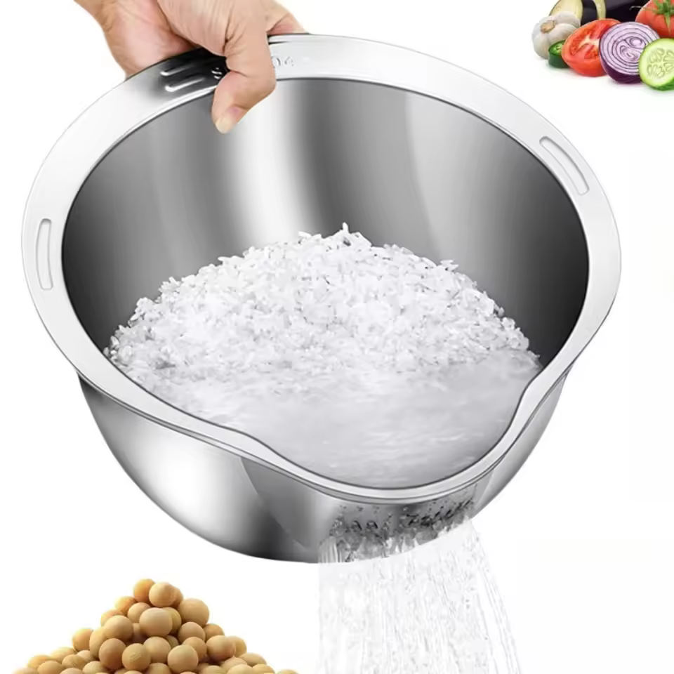 1PCS Rice Washer Strainer Bowl Stainless Steel Rinser With Side Drainers Multipurpose Strainer for Cleaning Fruits Vegetables